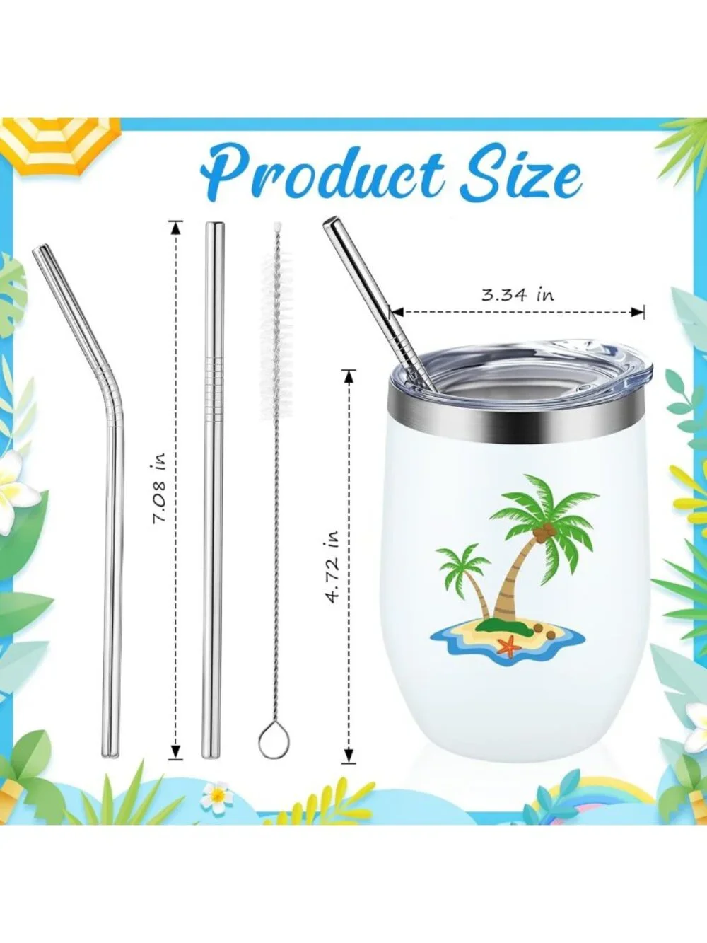 Summer Insulated Wine Tumblers Set - 12 oz Stainless Steel Beach Theme